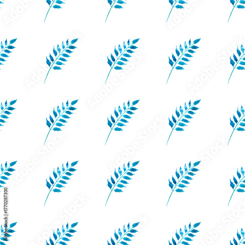 seamless pattern of blue turquoise leaves, hand drawn watercolor elements, isolated on white background