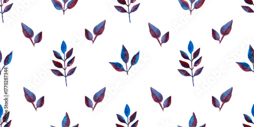 seamless pattern of blue purple turquoise leaves, hand drawn watercolor elements, isolated on white background