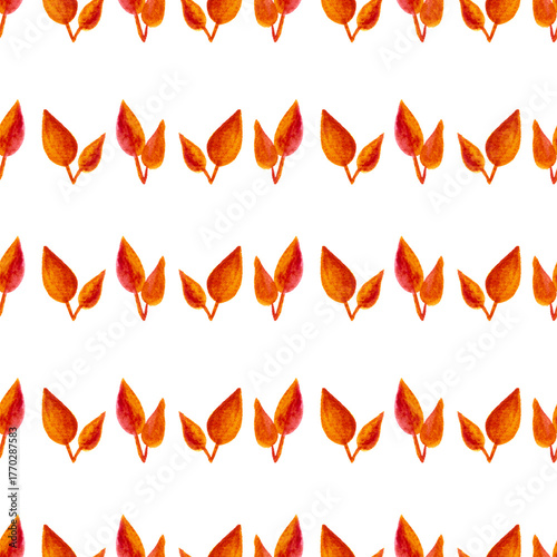 seamless pattern of orange autumn leaves, hand drawn watercolor elements, isolated on white background