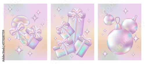 3d holographic Merry Christmas Poster or banner set with Pink Chrome Candy Cane, Gift box, Baubles in Y2K style. Christmas element for Retail, Shopping or Christmas Promotion. 3D chrome bubble art.