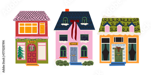 Winter holiday Christmas houses in cartoon groovy style with decorations, festive wreaths, snow, garland and Christmas tree. Cozy winter outside retro house interior. Vector illustrations