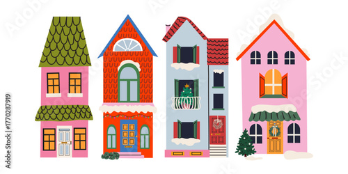 Winter holiday Christmas houses in cartoon groovy style with decorations, festive wreaths, snow, garland and Christmas tree. Cozy winter outside retro house interior. Vector illustrations