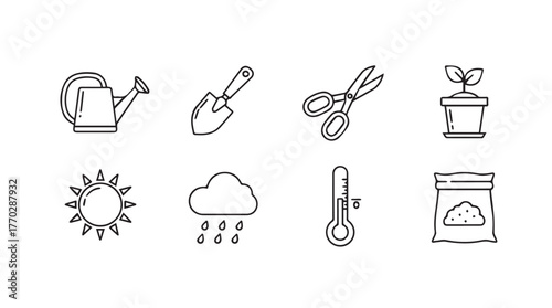 Gardening icons set watering can shovel scissors seedling sun rain thermometer seed bag silhouette