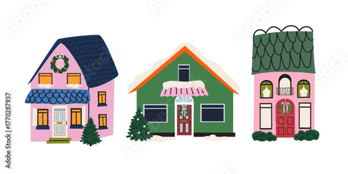 Winter holiday Christmas houses in cartoon groovy style with decorations, festive wreaths, snow, garland and Christmas tree. Cozy winter outside retro house interior. Vector illustrations