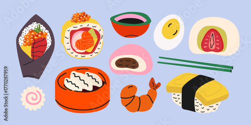 Asian street food cartoon stickers set in retro groovy style. Asian cuisine, traditional dishes, rice, noodles, mochi, sushi, shrimp, soy sauce, seafood. Vector food illustrations
