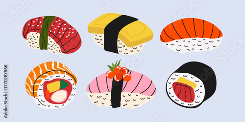 Traditional Asian food cartoon stickers set. Sushi rolls with rice, salmon, tuna, caviar, fish and seaweed. Collection of Asian food icons. Vector illustrations