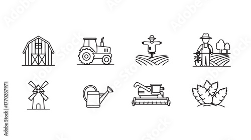 Farm life icons collection barn tractor scarecrow farmer windmill watering can harvester vegetables silhouette