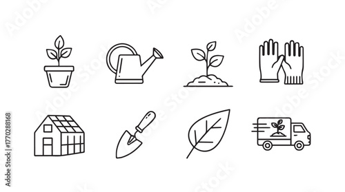 Gardening icons set seedling pot watering can greenhouse trowel gloves and delivery van graphics silhouette