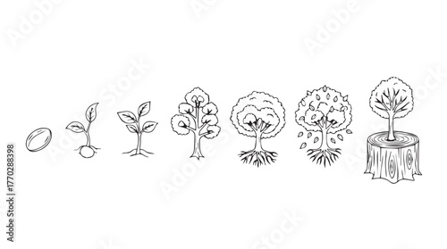 Stages of tree growth from seed to mature forest canopy series silhouette