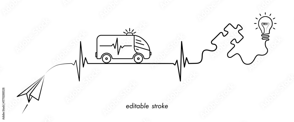 Obraz premium Medical care concept illustration with ambulance truck, ekg line, paper plane, lightbulb, puzzle. Abstract health care concept design to use for medical emergency, medical care projects.