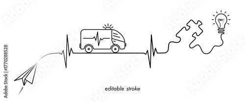 Medical care concept illustration with ambulance truck, ekg line, paper plane, lightbulb, puzzle. Abstract health care concept design to use for medical emergency, medical care projects.