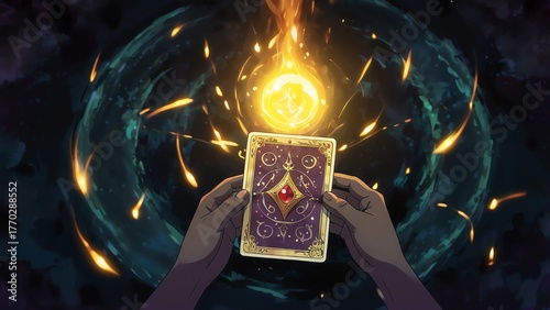 ゲーム背景　運命のカードを両手で握る占い