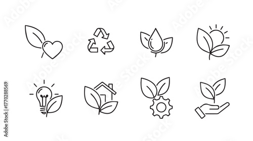 Collection of hand drawn eco friendly icons with leaves lightbulb heart and recycle symbol silhouette