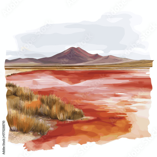 Laguna Colorada - Red Lagoon. Laguna Colorada - Red Lagoon hand drawn watercolor illustration