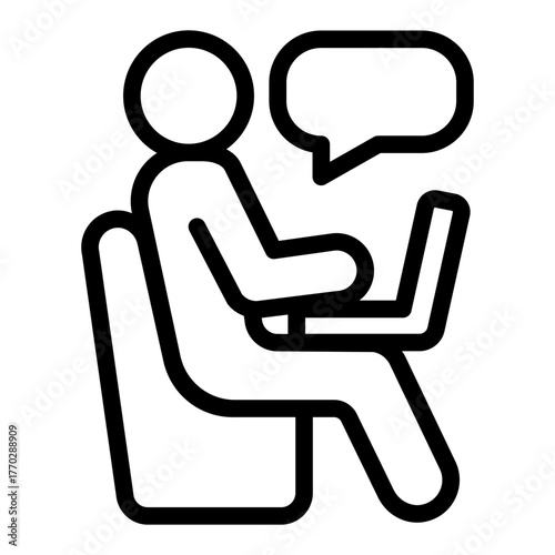Person with laptop line icon, work from home concept, worker in chair, speech bubble vector sign on white background, outline style icon mobile concept web design. Vector graphics.