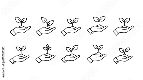 Hand holding seedling growing plant icons set symbolizing growth hope new beginnings nature silhouette