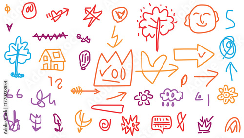 Rainbow, flower, sun, colorful kids doodle style symbol, star, small, cloud, crayon, play, sketch, heart, hand-drawn brush pencil style vector icon set, color smiley face illustration