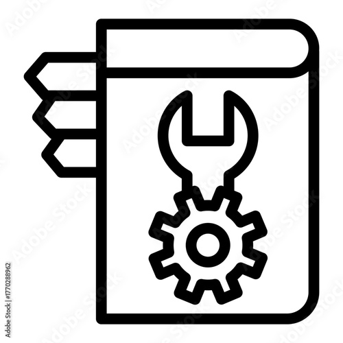 Book with wrench, mechanism gear line icon, user manual concept, guide with bookmarks vector sign on white background, outline style icon mobile concept web design. Vector graphics.