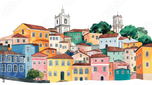 Pelourinho Historic Center. Pelourinho Historic Center hand drawn watercolor illustration