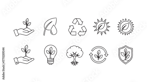 Collection of hand-drawn eco-friendly icons symbolizing growth sustainability and nature silhouette