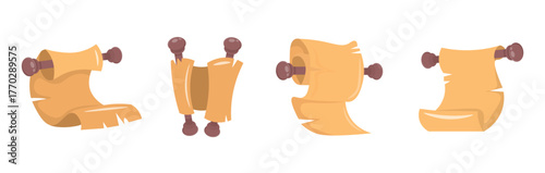 Set of beautiful vintage paper scrolls for messages in cartoon style. Vector illustration of ancient vertical and horizontal twisted manuscripts, rolled into tubes isolated on white background.