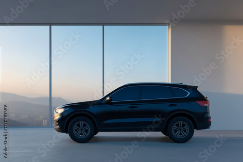 Side view of modern black SUV car in bright minimalist showroom with large panoramic windows