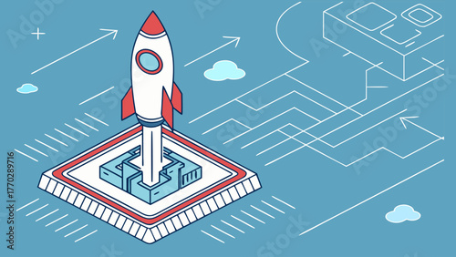 Digital illustration of rocket launching from stylized platform, symbolizing innovation and technology. background features