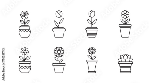Set of outline drawings of potted flowers for gardening and home decor elements silhouette