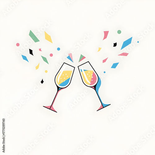 Clinking Champagne Glasses with Colorful Confetti Celebration