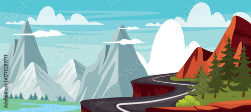 Vector illustration of a wonderful landscape with a winding cliff road. Cartoon scene of a dangerous curvy asphalt road, cliff, high mountains, rocks, fir trees, river, bushes, grass, blue sky, clouds