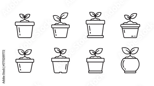 Set of hand drawn seedling icons in pots representing growth and gardening concepts silhouette