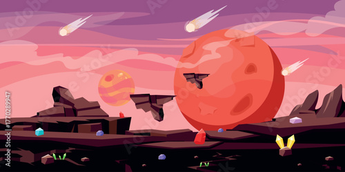 Vector illustration of a wonderful space landscape. Cartoon scene, view from space with mountain surface, rocks, cracks in the ground, falling solid space object, big planets, cloudy sky. Outer space.