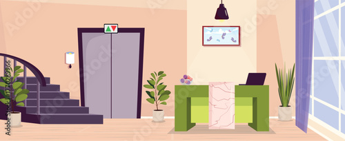 Vector illustration of a lobby interior inside an establishment. Cartoon scene of a lobby of a house, first floor, stairs, reception, table with a bowl of sweets, laptop, flower pots, elevator, lamps.