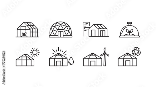 Collection of greenhouse icons representing various agricultural and horticultural concepts silhouette