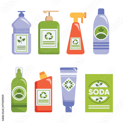 Set of colorful eco-friendly cleaning containers in cartoon style. Vector illustration of different: bottles, sprays, atomizers, tube, soda with recycling symbol, sprouts isolated on white background.