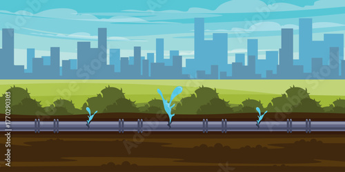Vector illustration of a city landscape with burst pipes. Cartoon scene of a burst, broken pipe on a city street, water leakage, earth, grass, bushes, silhouettes of houses of different sizes, sky.
