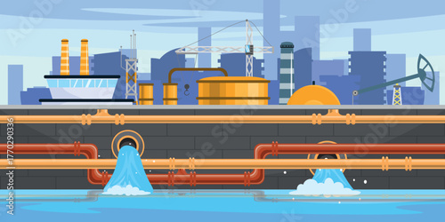 Vector illustration of a cityscape with a hydroelectric power plant. Cartoon scene of industry on water, with pipes, factory buildings, cranes, pipes, water flows, rivers, silhouettes of houses.