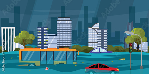 Vector illustration of gloomy city landscape with flooding. Cartoon scene landscape, flood in the city, water, dark sky, drowned cars, bus, traffic light, lamppost, trees, multi-storey buildings.