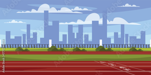 Vector illustration of a city landscape with sports areas for outdoor training. Cartoon scene of a sports ground with asphalt surface, markings, numbers, fence, silhouettes of multi-storey buildings.
