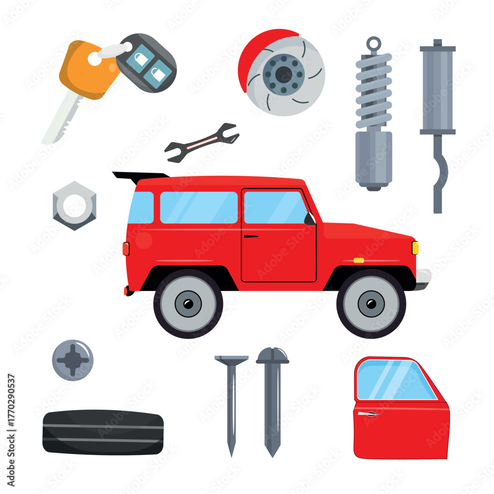 Fototapeta premium Set of different car parts in cartoon style. Vector illustration of side view of red car, car keys, tires, wrench, bolt, door, nails, shock absorber, exhaust system isolated on white background.