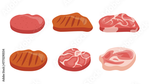 Set of meat steaks in cartoon style. Vector illustration of different types of meat steaks, cooked and raw, grilled, pan-fried: pork, beef, chicken, isolated on white background. Meat grocery store.