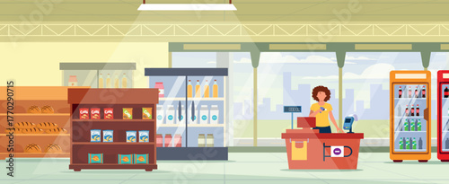 Vector illustration of a supermarket interior. Cartoon scene inside a retail building with vending machines, shelves of various goods, a female cashier standing behind the cash register, windows.