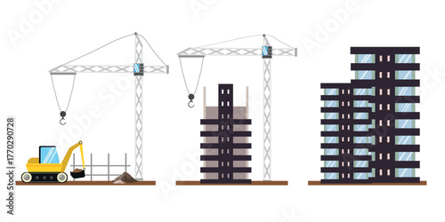 Vector illustration of the process of building multi-storey houses. Cartoon scene of construction stages: excavator, cranes, piles of cement, concrete, house frame, built multi-storey buildings.