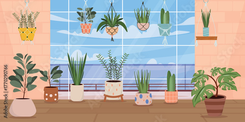 Vector illustration of potted plants in a room near a balcony. Cartoon scene of a room interior with various flowerpots in hanging macrame stands, stylish pots with patterns, window, balcony, sky.