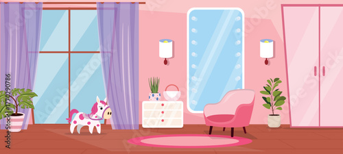 Vector illustration of a beautiful girlish room. Cartoon scene of a room interior with pink walls, armchair, chest of drawers, handbag, houseplants, large mirror, wardrobe, children's toy pony.