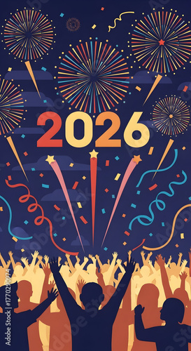 Celebrating 2026 with Fireworks and Cheering Crowd Vector Illustration