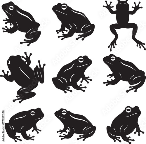 Black frog silhouettes various poses animal amphibian