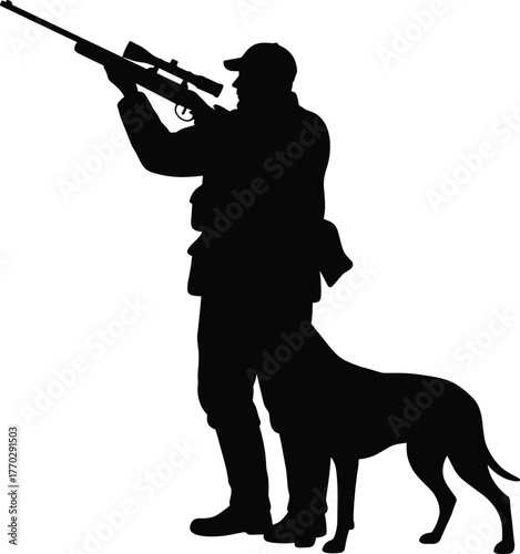 Silhouette of hunter with dog aiming rifle, outdoor adventure, wildlife hunting, man with gun, nature, pet companion, forest scene