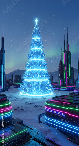 Futuristic Christmas Tree in Snowy Cityscape with Neon Lights