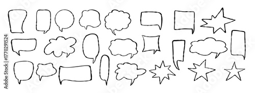 Outline Crayon Speech Bubble set. Curvature Chalk Freeform Hand Drawn, various Shapes. Isolated Abstract Textured doodles. Various talk, thought contour elements. Vector illustration. Not AI